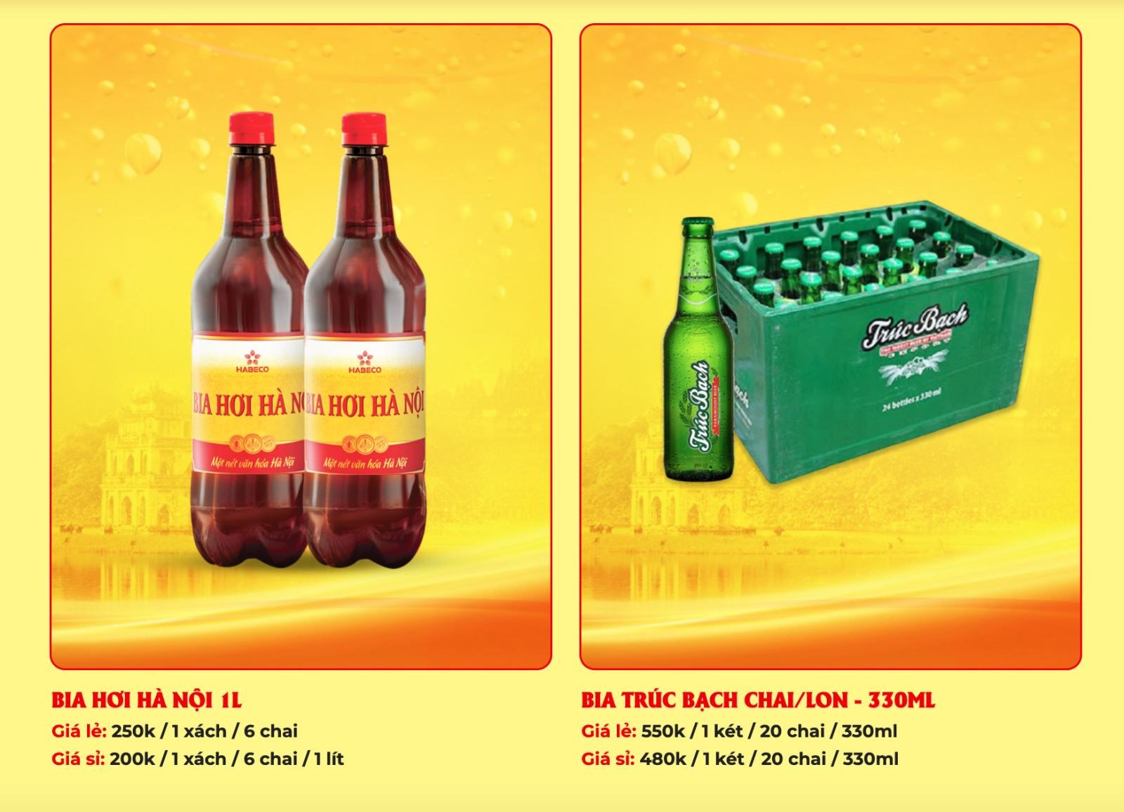 BIA HƠI HÀ NỘI 1L VÀ BIA TRÚC BẠCH CHAI/LON -330ML